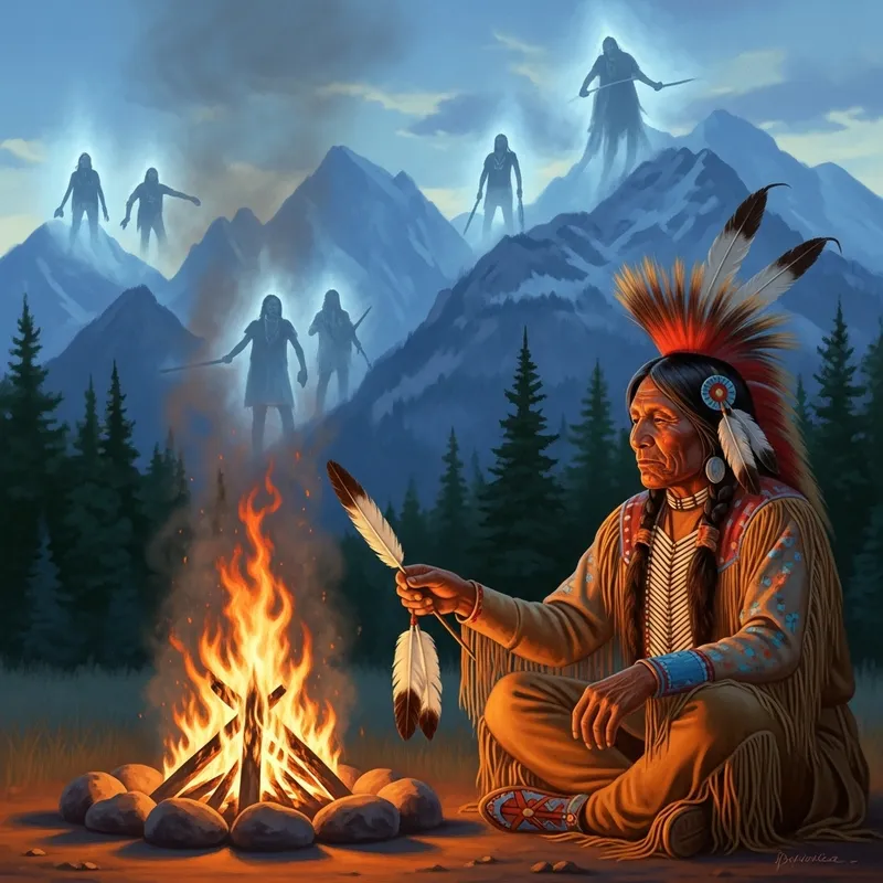 Spellbinding Native American Shaman Gazing into Enchanted Campfire