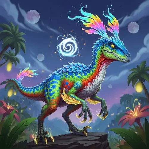 Large Dromaeosaurid Dinosaur with Vibrant Colors and Magical Elements