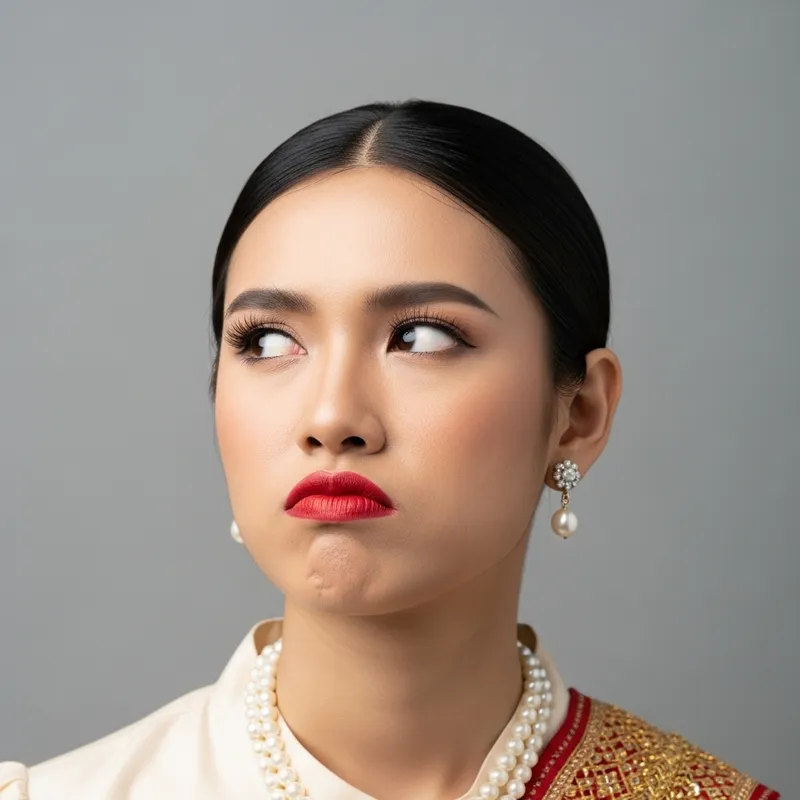 Amusing Thai Woman Staring with Red Lipstick and Pearl Necklace