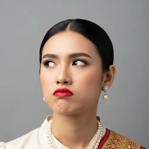 Thai Woman with Red Lipstick and Pearl Necklace - Comical Glare