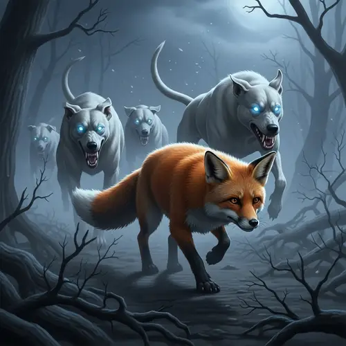 Eerie Night Scene: Fox Chased by Ghostly White Hounds