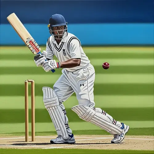 Professional Cricket Player Oil Painting in Dynamic Action