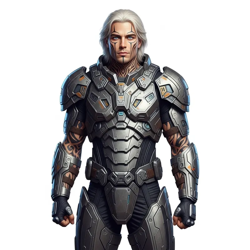 Handsome Caucasian Man with Striking Long Hair, Blue Eyes & Alien Warrior Armor