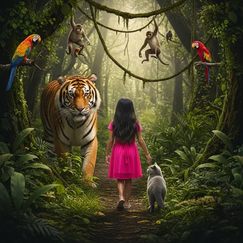 Realistic Jungle Encounter: Girl, Cat, and Tiger