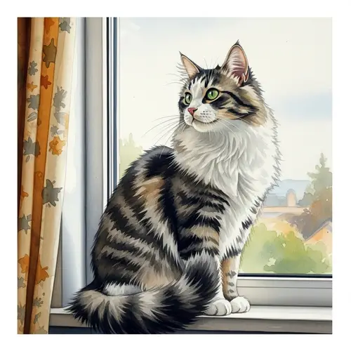Majestic Watercolor Cat Sitting on Windowsill