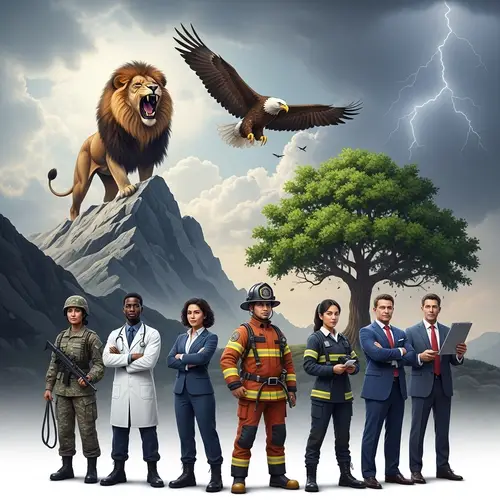 Diverse Leadership Symbolism: Lion, Eagle, Tree & Multiethnic Figures