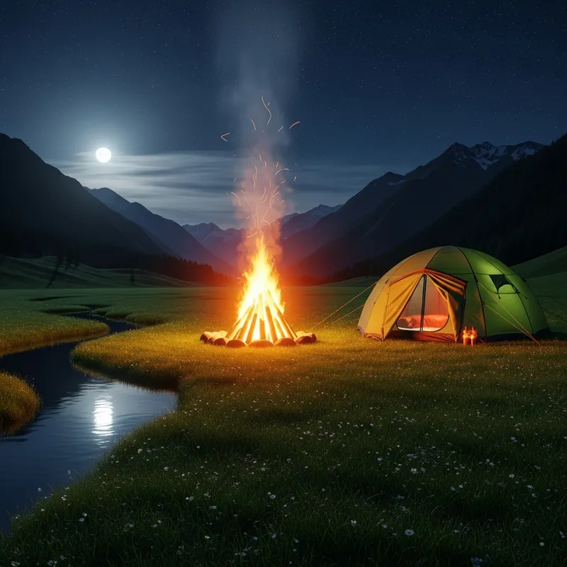 Mountain Bonfire and Tent Scene in Green Meadow at Night Mountain Bonfire and Tent Scene in Green Meadow at Night