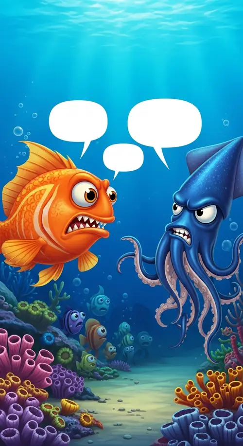 Orange Fish and Blue Squid Heated Argument in Underwater Environment