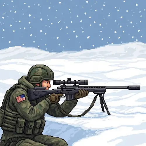 Pixel Art Armed Forces Sniper: Vigilant Observation in Snowy Terrain