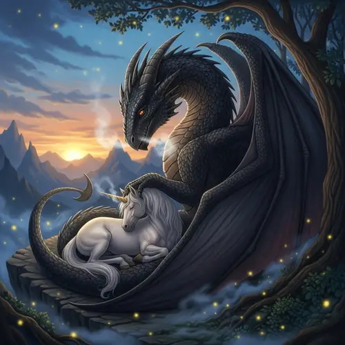 Majestic Black Dragon Cradling Serene Unicorn