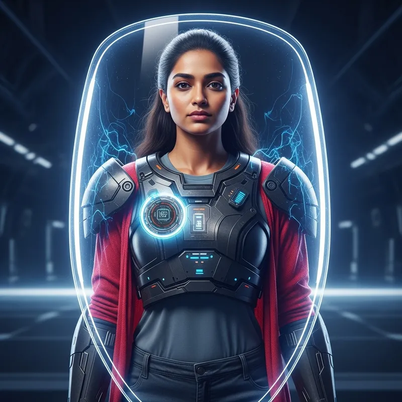 Futuristic Woman with Digital Badge and Protective Energy Shield