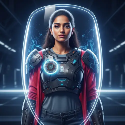 Futuristic South Asian Woman with Energy Shield and Digital Badge
