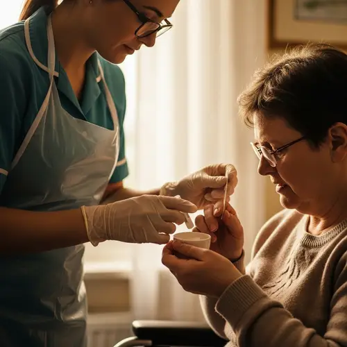 Compassionate European Care Worker Assisting Disabled British Woman | Healthcare Scene