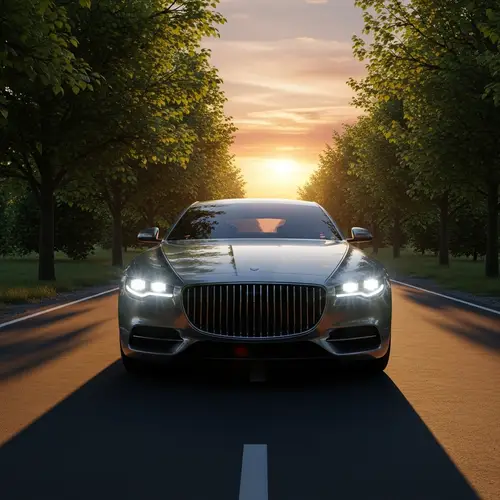 Luxurious Car on Secluded Road at Sunset