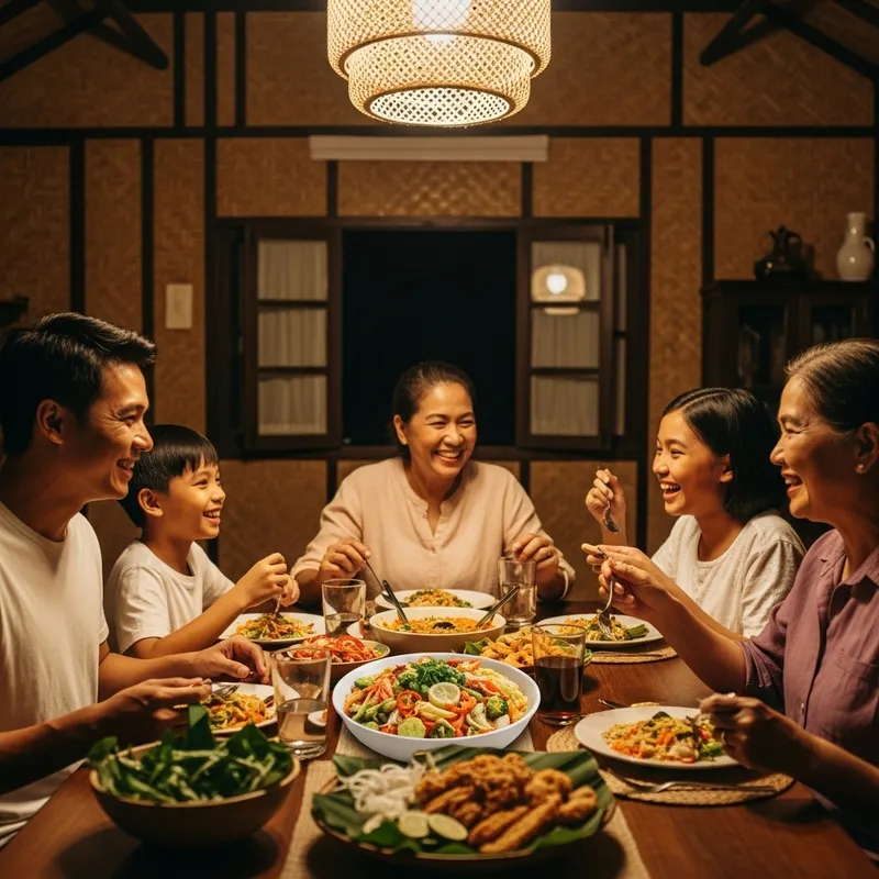 Filipino Family Delighting in Delicious Pinakbet Feast
