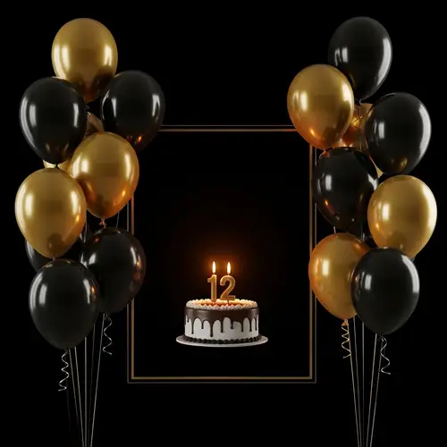 Elegant Golden Balloons and Glowing Cake Celebration