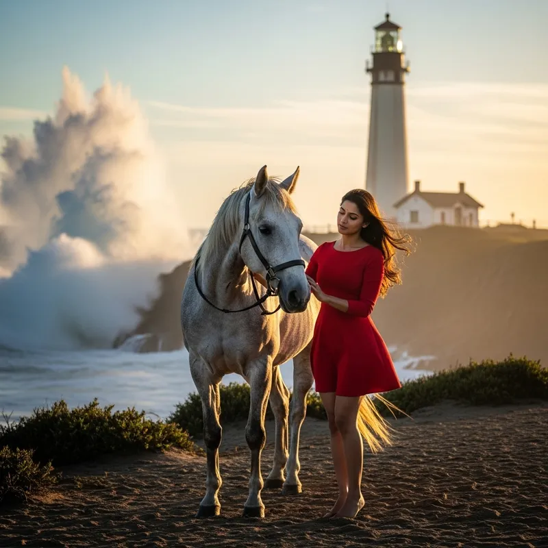 Enchanting South Asian Woman in Red Dress with Horse at Lighthouse