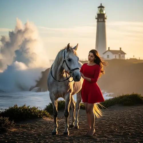 Enchanting Woman in Red Dress Petting Horse by Lighthouse