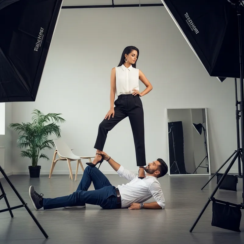 Stylish South Asian Female Model Stands on Relaxed Hispanic Man