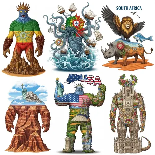 Monstrous Entities Representing Various Countries | Unique Illustration