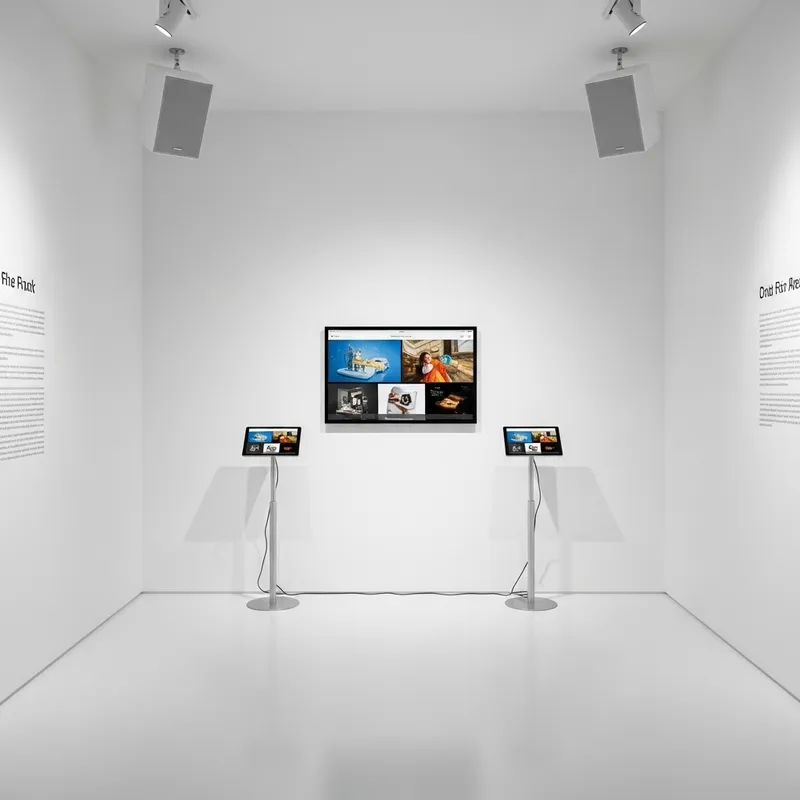 White Empty Exhibition Room with iPads and Speakers