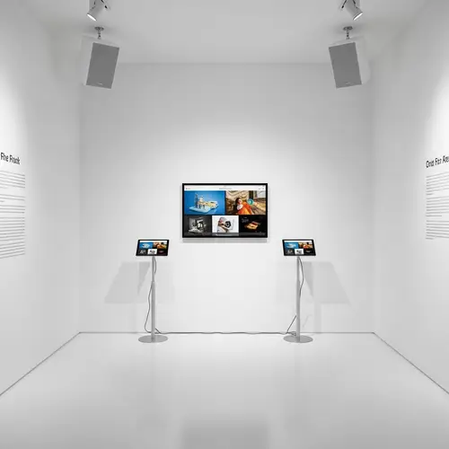 Minimalistic Exhibition Room with iPads and Speakers