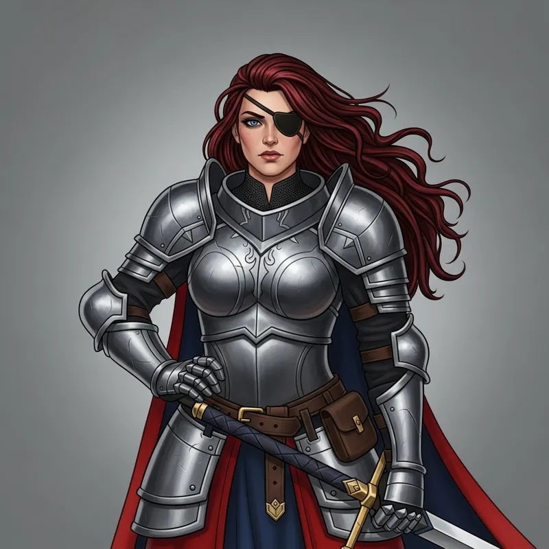 Brave Hispanic Knight Woman with Dark Red Hair and Eye Patch