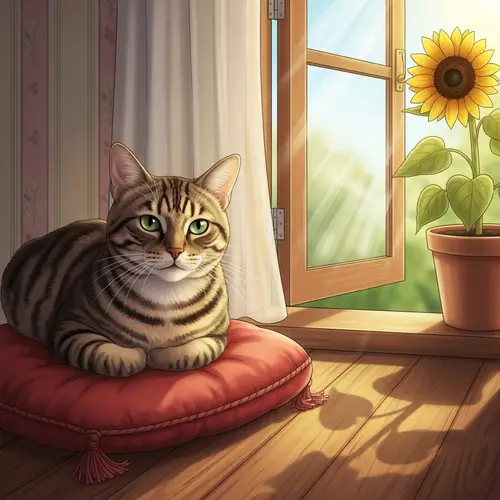 Silky Tabby Cat Lounging on Red Cushion | Serene Home Scene