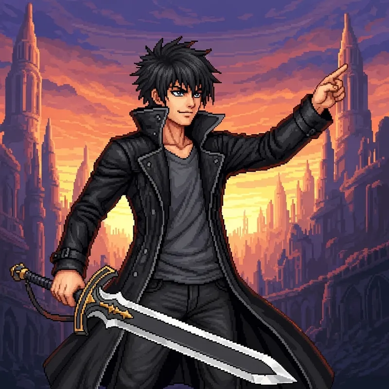 Pixel Art of Kirito Holding Double-Edged Sword Pixel Art of Kirito Holding Double-Edged Sword
