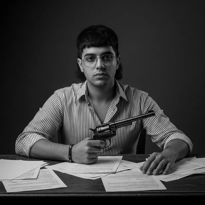 20-Year-Old Man with Mullet Hair, Striped Shirt, and Revolver at Desk in Black and White