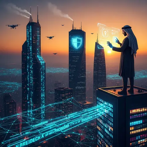 Futuristic Network Security in Cyberpunk Cityscape