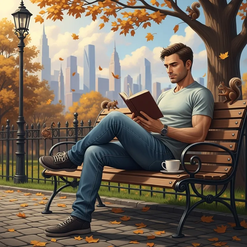 Urban Park Scene: Adult Reading on Bench