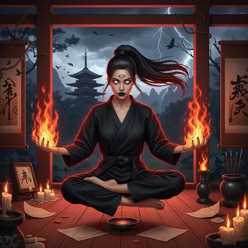 Young Japanese-American Woman Levitating in Lotus Pose with Hellfire Hands