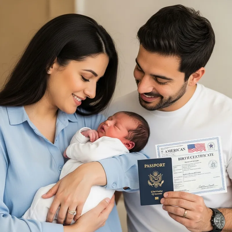 Happy Parents with Newborn Holding American Passport and Birth Certificate
