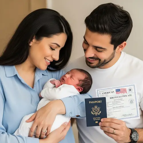 Happy Parents with Newborn Child: American Passport & Birth Certificate