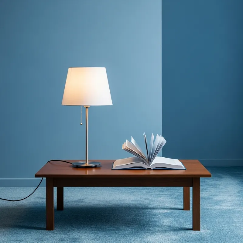 Blue Room with Low Table, Lamp and Book