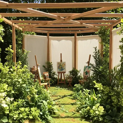 Sunlit Outdoor Art Studio Diorama with Plants and Wooden Beams
