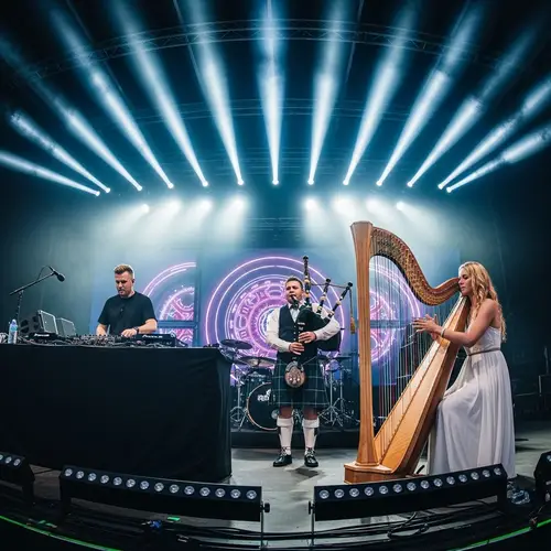 Epic EDM Festival Scene with DJ and Bagpipe Player