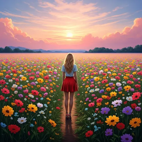 Enchanting Blonde Woman in Vibrant Flower Field - Majestic Beauty
