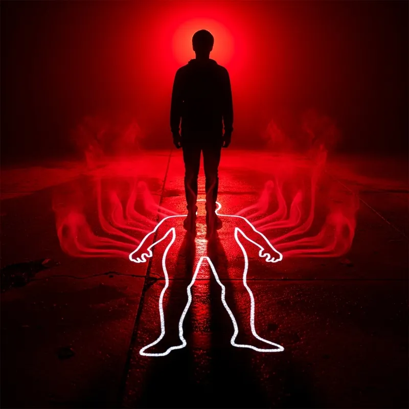 Eerie Scene of Shadowy Figure and Blood Stains