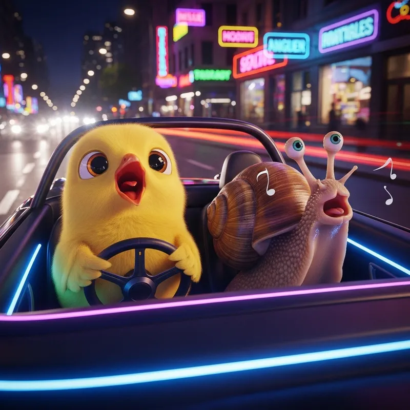 Chick and Mollusk Singing in Neon Car at Night