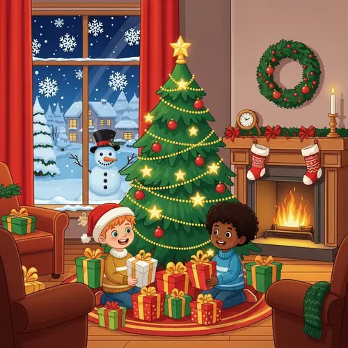 Festive Christmas Scene with Diverse Children and Snowy Delight