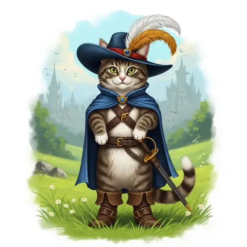 Swashbuckling Cat with Feathered Hat, Cloak & Boots