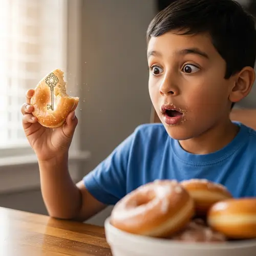 Young Hispanic Boy Surprised by Magical Key in Donut