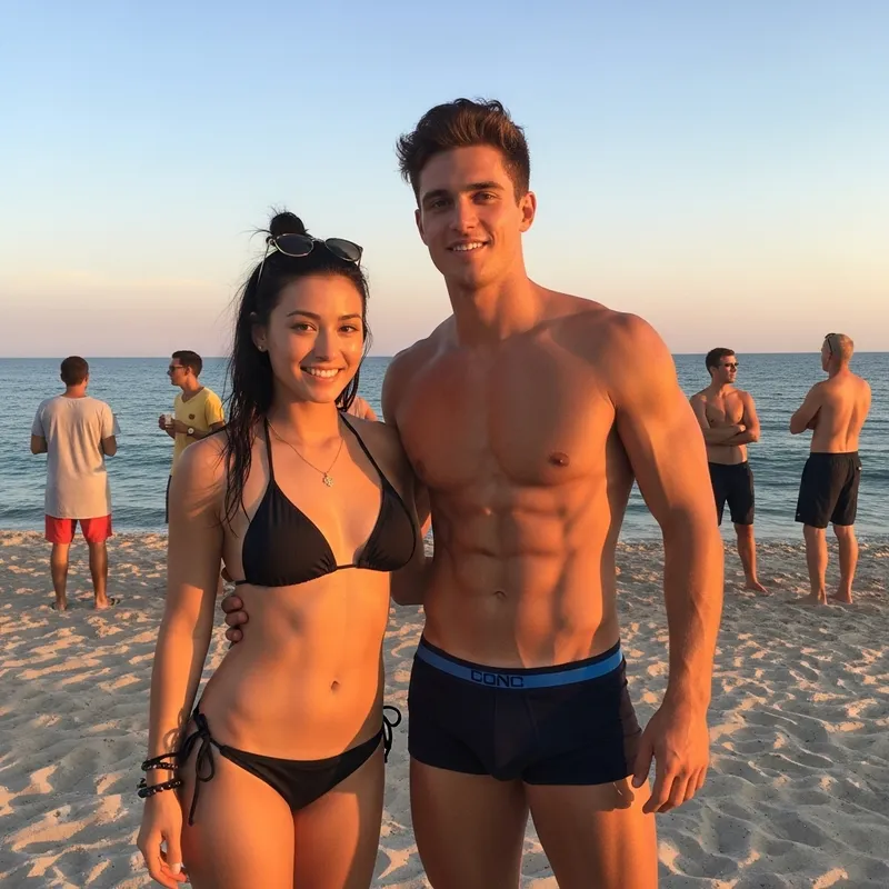 Stunning Caucasian American Couple with Korean Hairstyles at Sunset Beach Stunning Caucasian American Couple with Korean Hairstyles at Sunset Beach