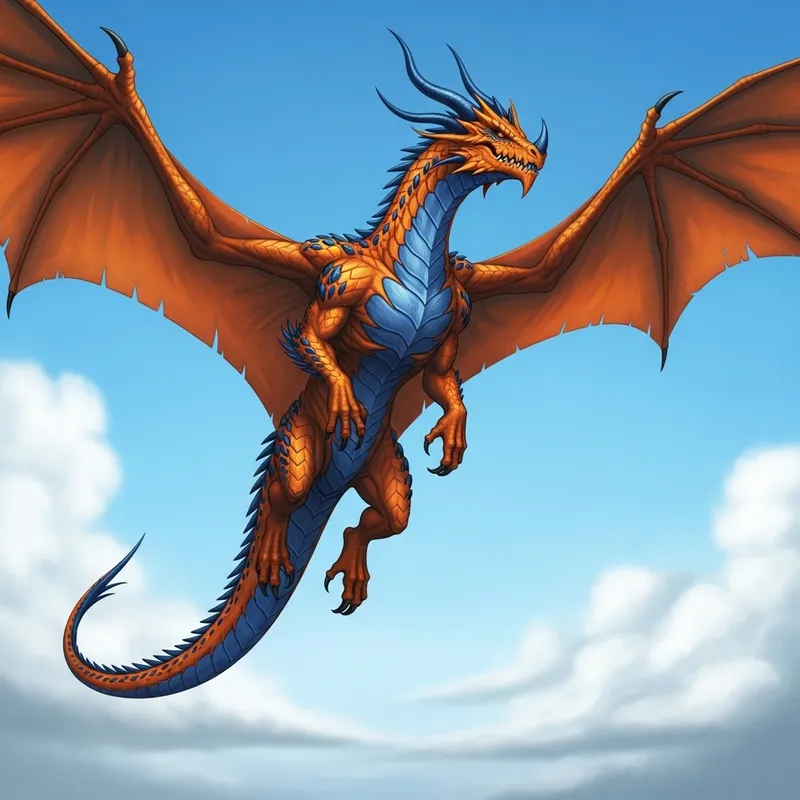 Majestic Orange and Blue Dragon Creature in the Sky