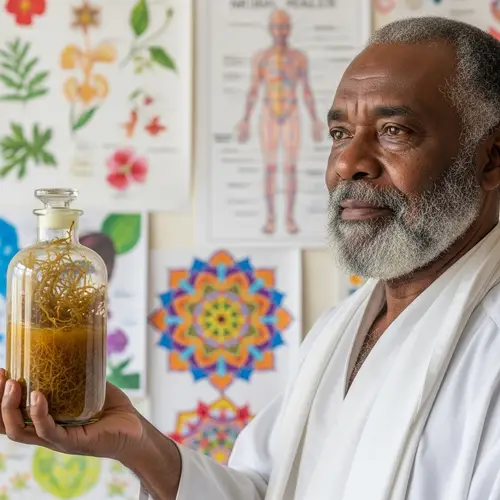Elderly Caribbean Man with Sea Moss Bottle | Natural Healer Charts
