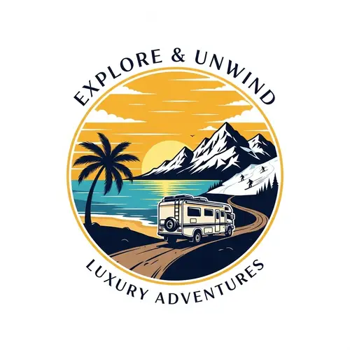 Elegant Travel Logo with Palm Tree, Mountain & Luxurious Motorhome
