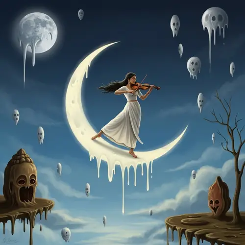 South Asian Woman Dancing on a Crescent Moon | Surreal Moonlit Fantasy