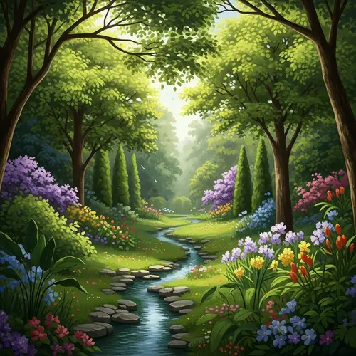 Tranquil Garden Oasis - Serene Scene of Nature's Beauty
